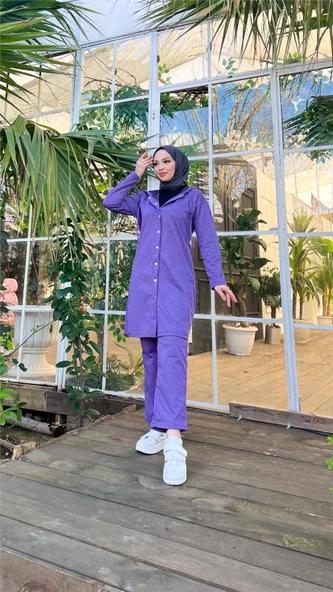 Çıtçıtlı Kapşonlu Uzun Tunik Pantolon İkili Tesettür Eşofman Takımı - 03078.207 - Koyu Lila - Resim 8