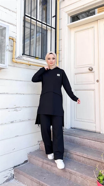Kapşonlu Yırtmacı Bağcık Detaylı Pamuklu Tesettür Eşofman Takımı - (38-46) - 71168 - Siyah - Resim 11