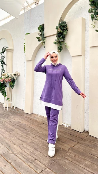 Yazı Baskılı Garni Detaylı Kapşonlu Kısa Sweat Pantolon İkili Tesettür Eşofman Takımı - 03080.207 - Koyu Lila - Resim 8