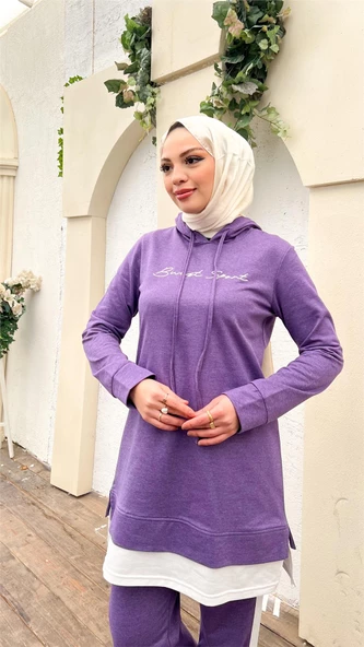 Yazı Baskılı Garni Detaylı Kapşonlu Kısa Sweat Pantolon İkili Tesettür Eşofman Takımı - 03080.207 - Koyu Lila - Resim 10