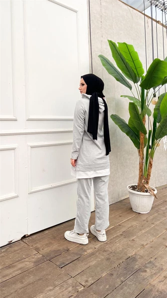 Yazı Baskılı Garni Detaylı Kapşonlu Kısa Sweat Pantolon İkili Tesettür Eşofman Takımı - 03080.008 - Gri - Resim 5