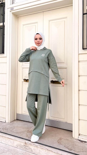 Kapşonlu Yırtmacı Bağcık Detaylı Pamuklu Tesettür Eşofman Takımı - 71168.100 - Çağla Yeşili - Resim 12