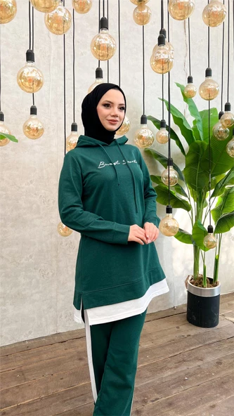 Yazı Baskılı Garni Detaylı Kapşonlu Kısa Sweat Pantolon İkili Tesettür Eşofman Takımı - 03080.021 - Nefti - Resim 11