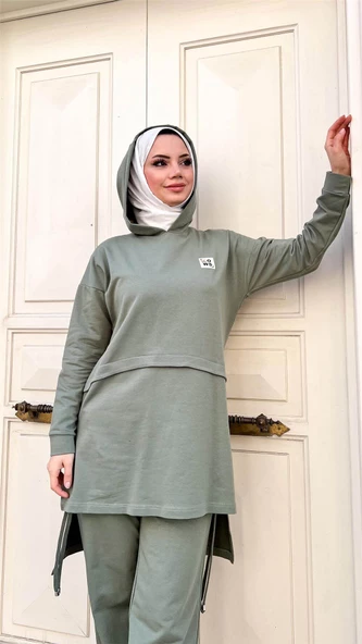 Kapşonlu Yırtmacı Bağcık Detaylı Pamuklu Tesettür Eşofman Takımı - 71168.100 - Çağla Yeşili - Resim 2