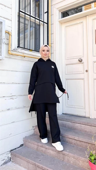 Kapşonlu Yırtmacı Bağcık Detaylı Pamuklu Tesettür Eşofman Takımı - (38-46) - 71168 - Siyah - Resim 6