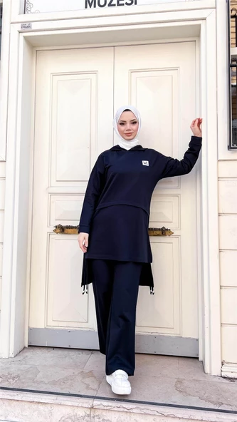 Kapşonlu Yırtmacı Bağcık Detaylı Pamuklu Tesettür Eşofman Takımı - 71168.015 - Lacivert - 12