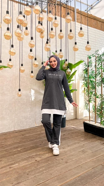 Yazı Baskılı Garni Detaylı Kapşonlu Kısa Sweat Pantolon İkili Tesettür Eşofman Takımı - 03080.017 - Antrasit - Resim 10