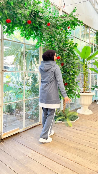 Yazı Baskılı Garni Detaylı Kapşonlu Kısa Sweat Pantolon İkili Tesettür Eşofman Takımı - 03080.006 - İndigo - Resim 6