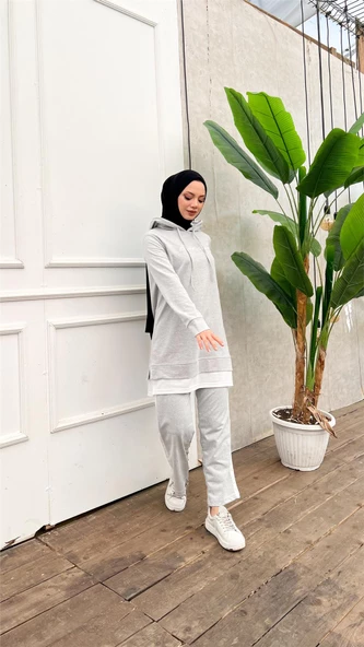 Yazı Baskılı Garni Detaylı Kapşonlu Kısa Sweat Pantolon İkili Tesettür Eşofman Takımı - 03080.008 - Gri - Resim 4