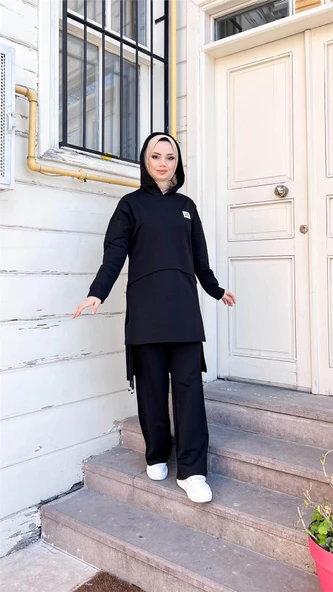 Kapşonlu Yırtmacı Bağcık Detaylı Pamuklu Tesettür Eşofman Takımı - (38-46) - 71168 - Siyah - Resim 9
