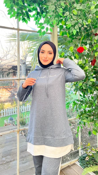 Yazı Baskılı Garni Detaylı Kapşonlu Kısa Sweat Pantolon İkili Tesettür Eşofman Takımı - 03080.006 - İndigo - Resim 5