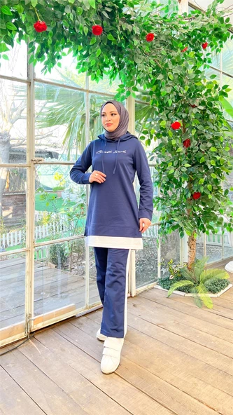 Yazı Baskılı Garni Detaylı Kapşonlu Kısa Sweat Pantolon İkili Tesettür Eşofman Takımı - 03080.202 - Açık Lacivert - Resim 5