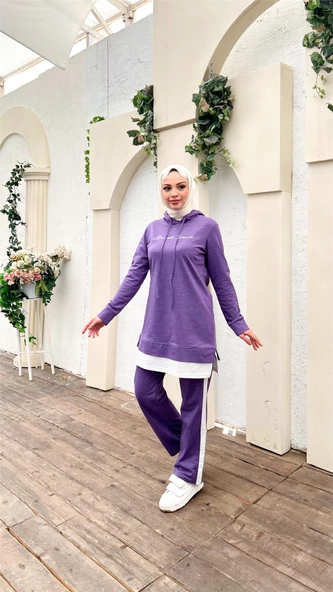 Yazı Baskılı Garni Detaylı Kapşonlu Kısa Sweat Pantolon İkili Tesettür Eşofman Takımı - 03080.207 - Koyu Lila - Resim 6
