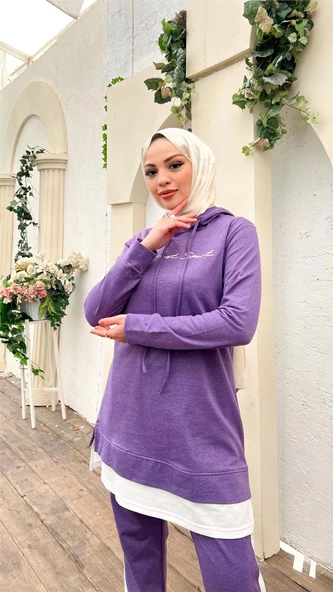 Yazı Baskılı Garni Detaylı Kapşonlu Kısa Sweat Pantolon İkili Tesettür Eşofman Takımı - 03080.207 - Koyu Lila - Resim 9