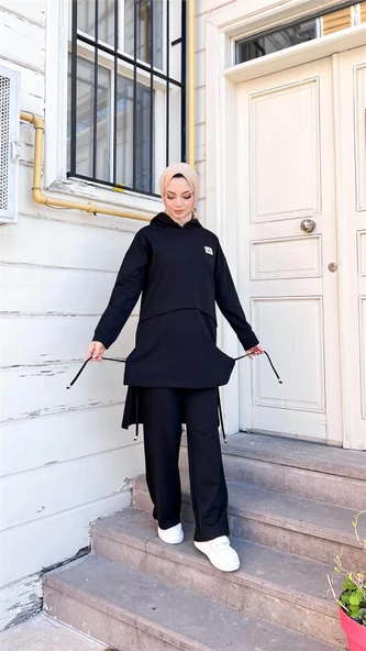 Kapşonlu Yırtmacı Bağcık Detaylı Pamuklu Tesettür Eşofman Takımı - (38-46) - 71168 - Siyah - Resim 7