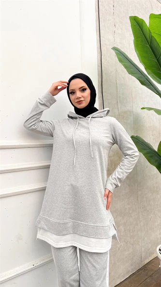 Yazı Baskılı Garni Detaylı Kapşonlu Kısa Sweat Pantolon İkili Tesettür Eşofman Takımı - 03080.008 - Gri - Resim 7