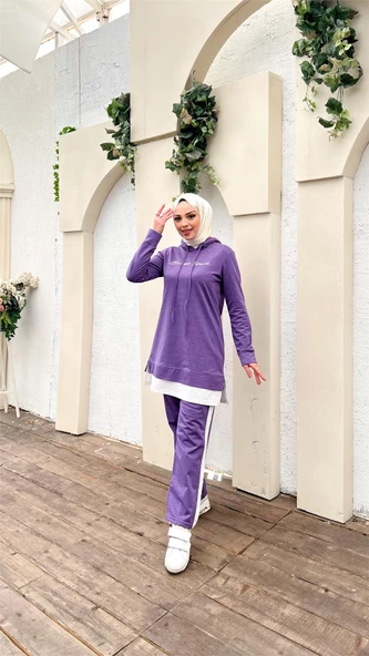 Yazı Baskılı Garni Detaylı Kapşonlu Kısa Sweat Pantolon İkili Tesettür Eşofman Takımı - 03080.207 - Koyu Lila - Resim 4