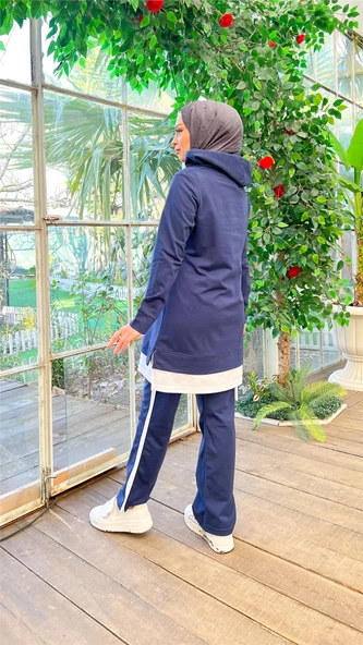 Yazı Baskılı Garni Detaylı Kapşonlu Kısa Sweat Pantolon İkili Tesettür Eşofman Takımı - 03080.202 - Açık Lacivert - Resim 11