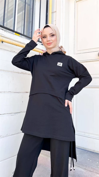 Kapşonlu Yırtmacı Bağcık Detaylı Pamuklu Tesettür Eşofman Takımı - (38-46) - 71168 - Siyah - Resim 2