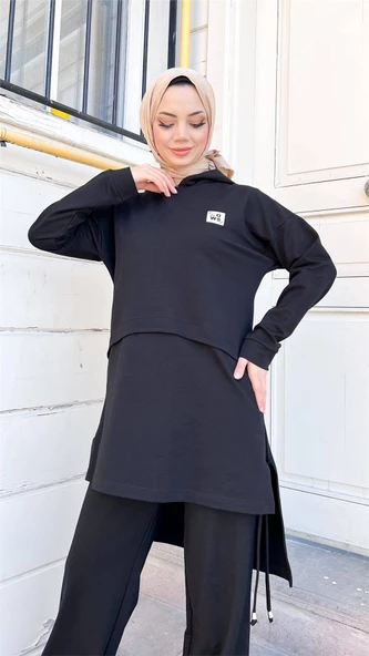 Kapşonlu Yırtmacı Bağcık Detaylı Pamuklu Tesettür Eşofman Takımı - (38-46) - 71168 - Siyah - Resim 3