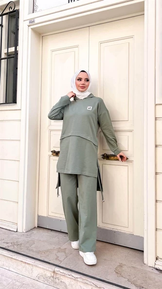 Kapşonlu Yırtmacı Bağcık Detaylı Pamuklu Tesettür Eşofman Takımı - 71168.100 - Çağla Yeşili - Resim 10