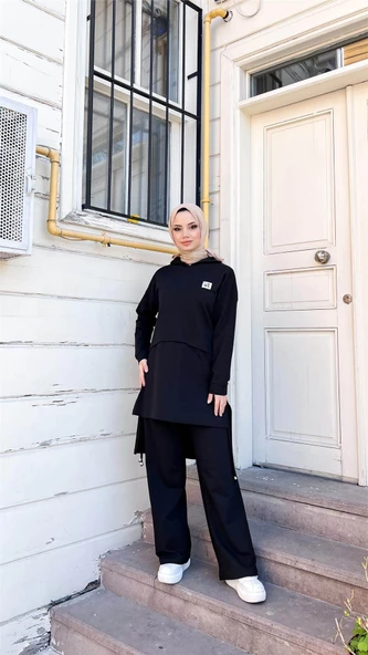 Kapşonlu Yırtmacı Bağcık Detaylı Pamuklu Tesettür Eşofman Takımı - (38-46) - 71168 - Siyah - Resim 12