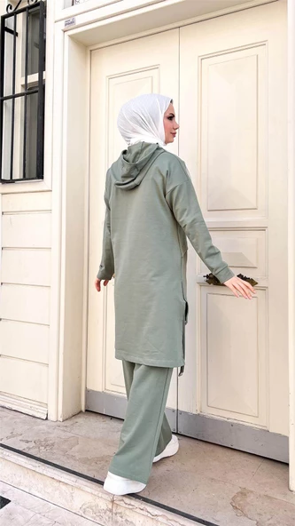Kapşonlu Yırtmacı Bağcık Detaylı Pamuklu Tesettür Eşofman Takımı - 71168.100 - Çağla Yeşili - Resim 5
