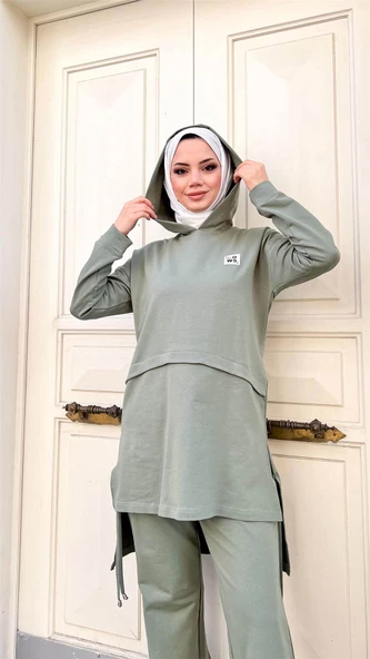 Kapşonlu Yırtmacı Bağcık Detaylı Pamuklu Tesettür Eşofman Takımı - 71168.100 - Çağla Yeşili - Resim 3