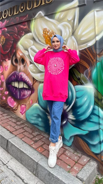 Papatya Taş Detaylı Nakış Baskılı Sweatshirt - 71143.025 - Fuşya - 6