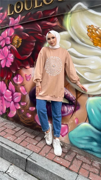 Papatya Taş Detaylı Nakış Baskılı Sweatshirt - 71143.026 - Bej - 4