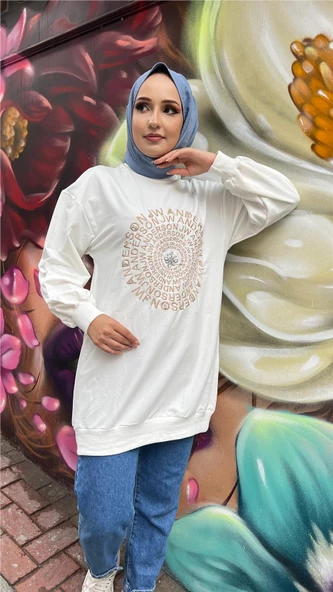 Papatya Taş Detaylı Nakış Baskılı Sweatshirt - 71143.027 - Ekru