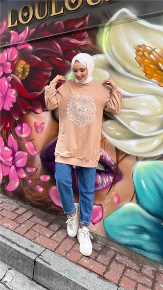Papatya Taş Detaylı Nakış Baskılı Sweatshirt - 71143.026 - Bej - 3