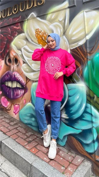 Papatya Taş Detaylı Nakış Baskılı Sweatshirt - 71143.025 - Fuşya - 4