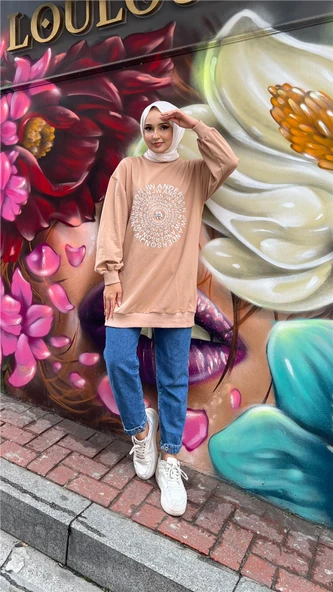 Papatya Taş Detaylı Nakış Baskılı Sweatshirt - 71143.026 - Bej - 5