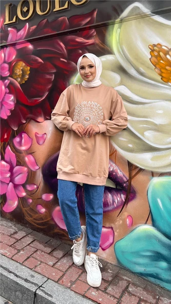Papatya Taş Detaylı Nakış Baskılı Sweatshirt - 71143.026 - Bej - 2