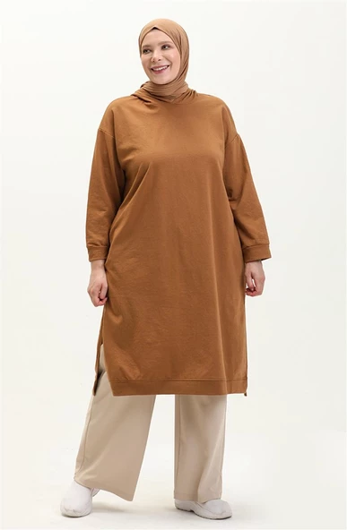 Atlas Kapşonlu Uzun Sade Basic Sweatshirt - 03007.038 - Taba