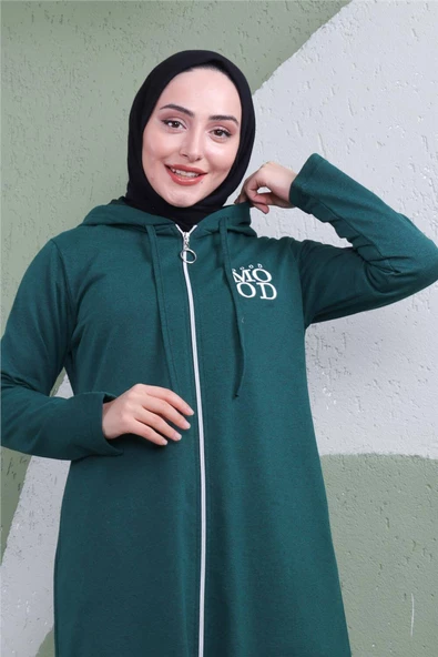 Yazı Baskılı Fermuarlı Kapşonlu Uzun Sweat - 03081.021 - Nefti - 4