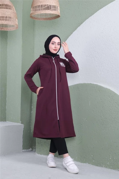 Yazı Baskılı Fermuarlı Kapşonlu Uzun Sweat - 03081.020 - Mürdüm - 4