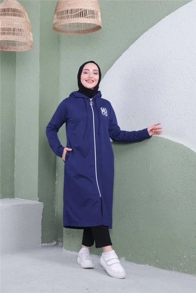 Yazı Baskılı Fermuarlı Kapşonlu Uzun Sweat - 03081.202 - Açık Lacivert - 2