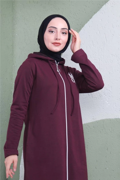 Yazı Baskılı Fermuarlı Kapşonlu Uzun Sweat - 03081.020 - Mürdüm - 6
