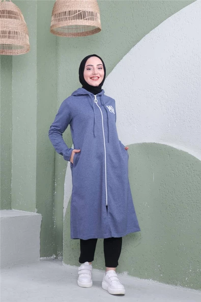 Yazı Baskılı Fermuarlı Kapşonlu Uzun Sweat - 03081.006 - İndigo - 7