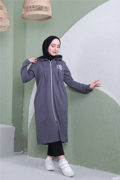 Yazı Baskılı Fermuarlı Kapşonlu Uzun Sweat - 03081.017 - Antrasit - 4