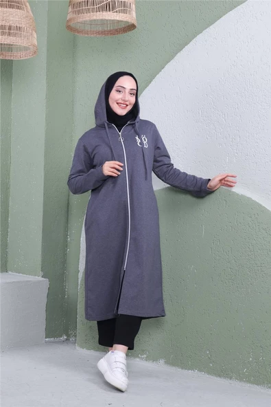 Yazı Baskılı Fermuarlı Kapşonlu Uzun Sweat - 03081.017 - Antrasit - 2