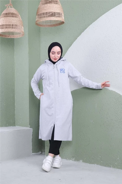 Yazı Baskılı Fermuarlı Kapşonlu Uzun Sweat - 03081.008 - Gri - 2