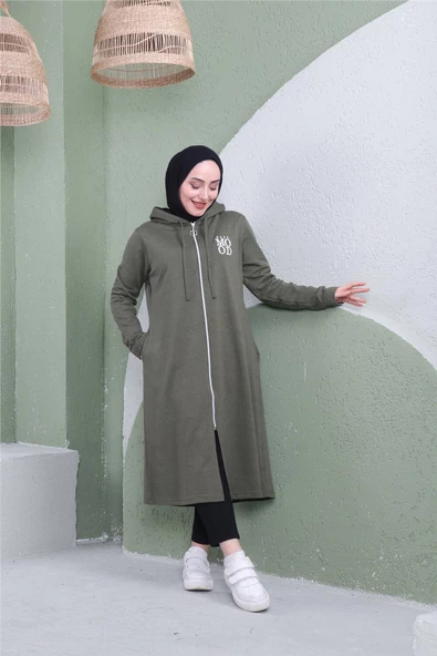 Yazı Baskılı Fermuarlı Kapşonlu Uzun Sweat - 03081.005 - Haki - 2