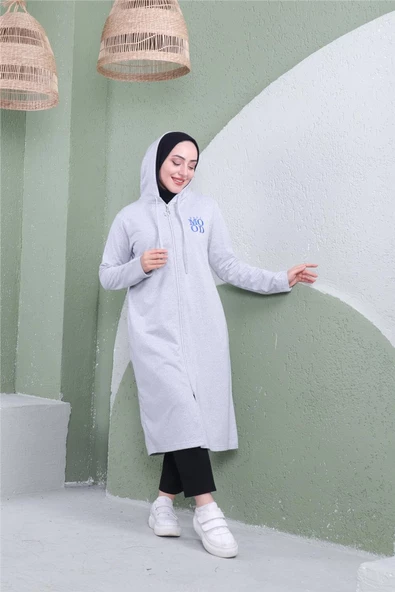 Yazı Baskılı Fermuarlı Kapşonlu Uzun Sweat - 03081.008 - Gri - 5