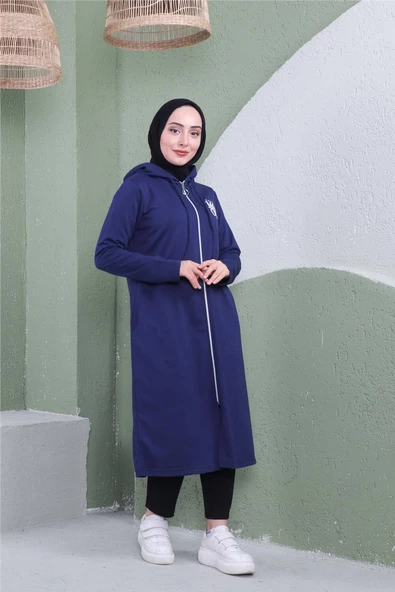 Yazı Baskılı Fermuarlı Kapşonlu Uzun Sweat - 03081.202 - Açık Lacivert - 4