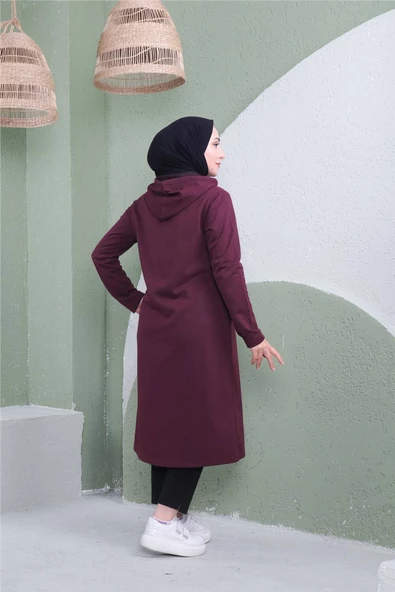 Yazı Baskılı Fermuarlı Kapşonlu Uzun Sweat - 03081.020 - Mürdüm - 8