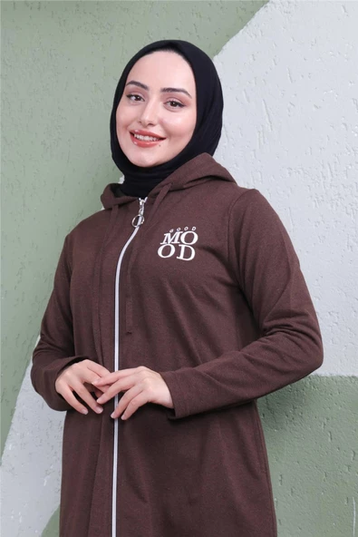 Yazı Baskılı Fermuarlı Kapşonlu Uzun Sweat - 03081.028 - Kahverengi - 5