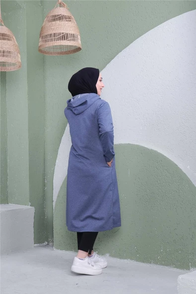 Yazı Baskılı Fermuarlı Kapşonlu Uzun Sweat - 03081.006 - İndigo - 9